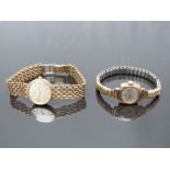 Two 9ct gold ladies watches, one with with gold hands and Roman numerals, on 9ct gold bracelet, case