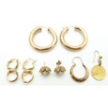 Three pairs of earrings including 9ct gold hoops and 9ct gold set with pearls (9,2g), an 1873 1
