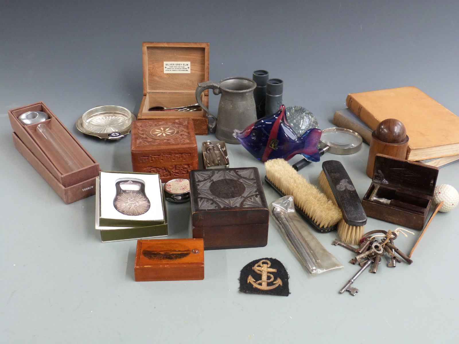 Boxed Christofle bottle opener, boxes including Mauchlinware, Derwentwater, elm box from Waterloo