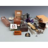 Boxed Christofle bottle opener, boxes including Mauchlinware, Derwentwater, elm box from Waterloo