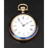 Turler gold plated keyless winding open faced ladies pocket watch with blue enamel bezel and