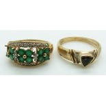 A 9ct gold ring set with emeralds and diamonds and a 9ct gold ring set with tourmaline, 7g