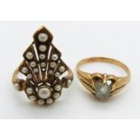 Victorian ring set with seed pearls, 2.7g, size K and an 18ct gold ring, 3.6g, size M