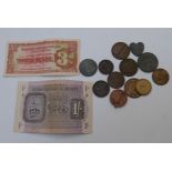 A collection of 19thC military canteen and bar tokens, together with some later B.A.F. notes and