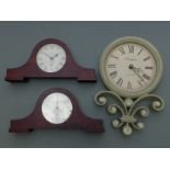 A pair of Napoleon hat style Newgate mantel clocks and a wall clock