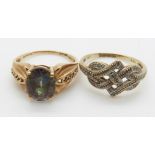 A 9ct gold ring set with mystic topaz, 3.2g, size P and a 9ct gold ring set with diamonds, 2.3g,