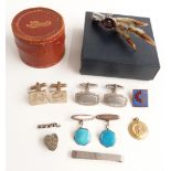 A pair of Charles Horner silver cufflinks set with blue enamel, silver tie clip, pair of silver
