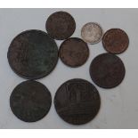 Small collection of interesting coinage to include Coalbrookdale 1779 Conder token, George IV 1822