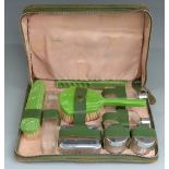 Art Deco green plastic and plated travelling set in case, width 31cm