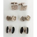 Three pairs of silver cufflinks, one formed as horseshoes, another with feature hallmarks