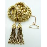 Victorian gold knot brooch with textured surface and two tassels, 14.5g, 4 x 6.5cm