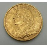 1922 gold Swiss twenty Franc coin