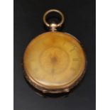 14ct gold open faced ladies pocket watch with blued hand, black Roman numerals, engraved self