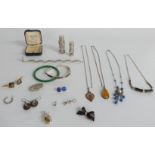 Silver jewellery including Art Deco style bracelets, Mackintosh style bar brooch, earrings, scent