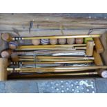 Vintage cased croquet set with eight mallets and two children's mallets etc, some marked F Hayres,