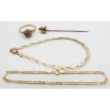 Two 9ct gold bracelets (2.4g), a yellow metal flower stick pin set with a ruby and a 9ct gold ring