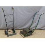 19th/20thC cast iron lawnmower 'Drummond Brothers Guildford' and a vintage sack truck, H90cm