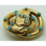 Victorian knot and buckle brooch with engraved chased decoration set with turquoise cabochons, in