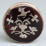 18th century tortoiseshell and old Sheffield plate pill box with inlaid silver scene to top