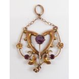 Art Nouveau 9ct gold pendant set with amethysts by H & W, 3cm long