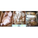 A collection of mineral samples including clear and rose quartz and cut examples.