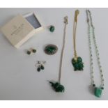 A collection of silver jewellery including marcasite and malachite brooch, malachite earrings,