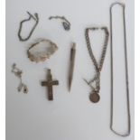 A hallmarked silver Yard-O-Led pencil, filigree cross pendant, hallmarked silver Albert watch chain,