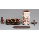 A 19thC faux tortoiseshell lidded snuff horn box, brass owl with carnelian mount, silver mounted