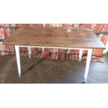 Industrial/haberdashery/shopfitting metal and hardwood table, W140 x D76 x H75cm