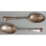 Pair of George I bottom hallmarked silver rat tail table spoons, London 1721 maker Joseph Barbut,