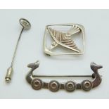 Hallmarked Scottish silver brooch depicting a bird by Ola Gorie, another silver brooch and a