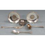 Two white metal pin dishes marked silver, three pieces of hallmarked silver cutlery and a silver