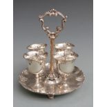 George V hallmarked silver egg stand, Sheffield 1923 maker Martin Hall & Co, egg cups various