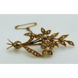 Edwardian 15ct gold brooch set with seed pearls in a bouquet design, 4.5g