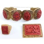 Chinese suite of silver gilt filigree jewellery set with cinnabar lacquer panels