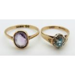 A 9ct gold ring set with an amethyst and a 9ct gold ring set with a topaz and diamonds, 3.7g