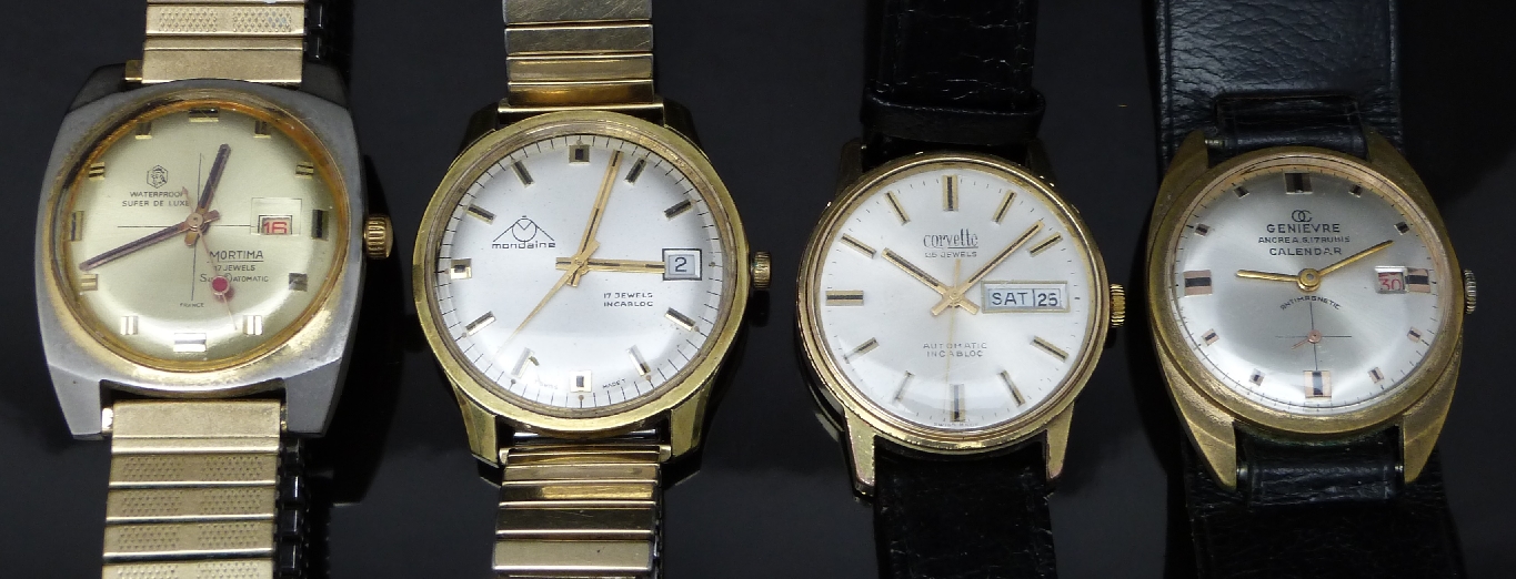 Four gold plated gentleman's wristwatches comprising Corvette automatic, Mortima Super De Luxe Super