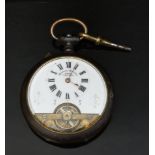 Hebdomas keyless winding open faced pocket watch with visible escapement, gold hands, black Roman