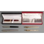 Quantity of pens to include Sheaffer White Dot in box, Parker 45, rolled gold Yard-o-led etc and two