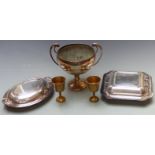 Silver plated trophy, height 25cm and two serving dishes