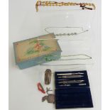 1869 five Franc with fold-out etui - scissors, knives etc, Art Deco beads, silver bangle, pencil,