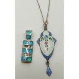 A silver pendant set with floral enamel by J A & S, and a silver pendant set with opal sections