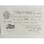 Peppiat 1947 white five pound note, thinner paper with metal security thread, prefix M, crisp and
