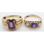 Two 9ct gold rings both set with amethyst, 4.5g