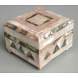 Mother-of-pearl and abalone trinket box, raised on four feet, H6cm, W7.5cm