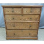 19thC pitch pine chest of two over three straight graduated drawers, W110 x D54 x H115cm