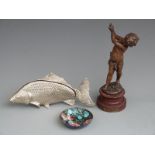 Spelter figure on plinth "Amour Printanier" height 23.5cm, an enamel dish and a letter rack in the