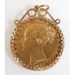 1861 gold full sovereign, Victoria young head, in 9ct gold mount, 9.1g