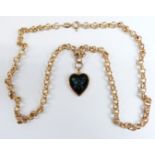 A 9ct gold necklace with heart shaped opal mosaic pendant decorated with a butterfly, 25cm drop, 6.