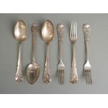 Set of six Danish white metal spoons and forks with Danish silver marks for 1922 maker Christian